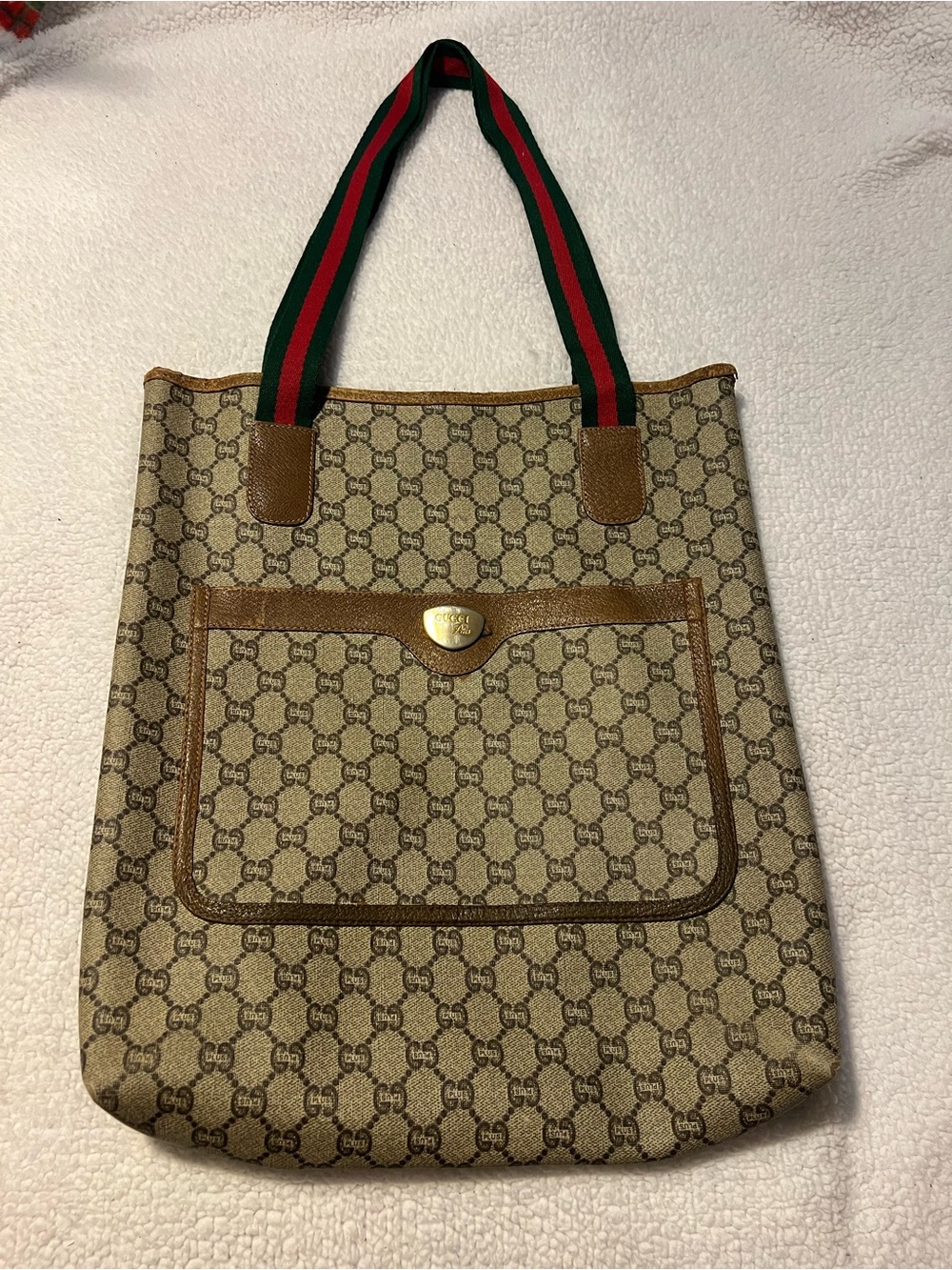 Gucci Brown Beige GG Canvas Tote with Red and Green Web Straps Vintage